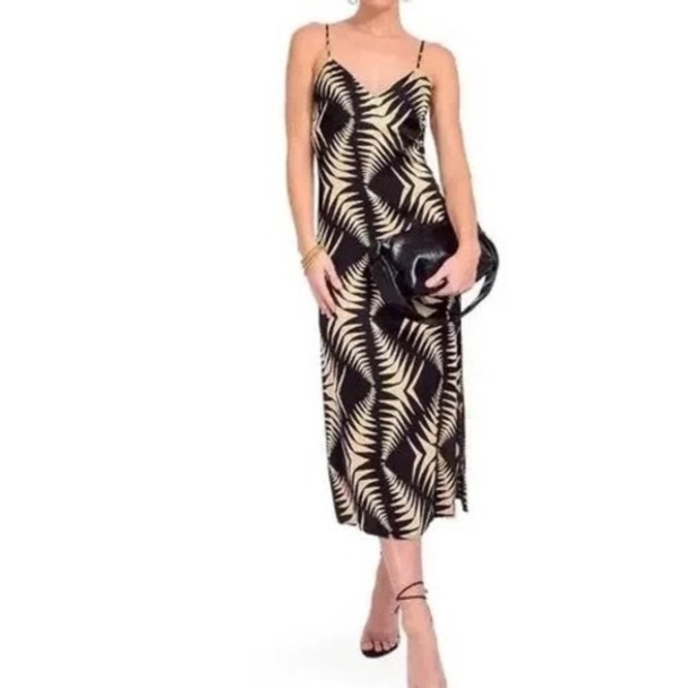 ba&sh Napi Graphic Print Midi Slip Dress Noir Black‎ Cream Size 1/ US 4 - Picture 3 of 9